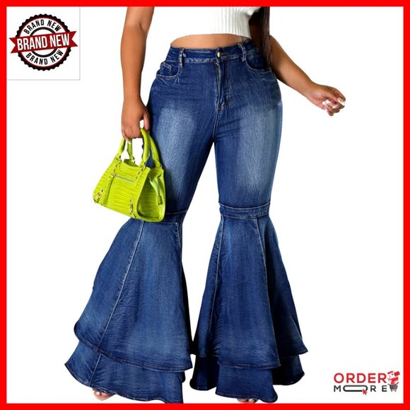 Denim - High Waisted Bell Bottom Jeans Flared Wide Leg Denim Pants 70s Style